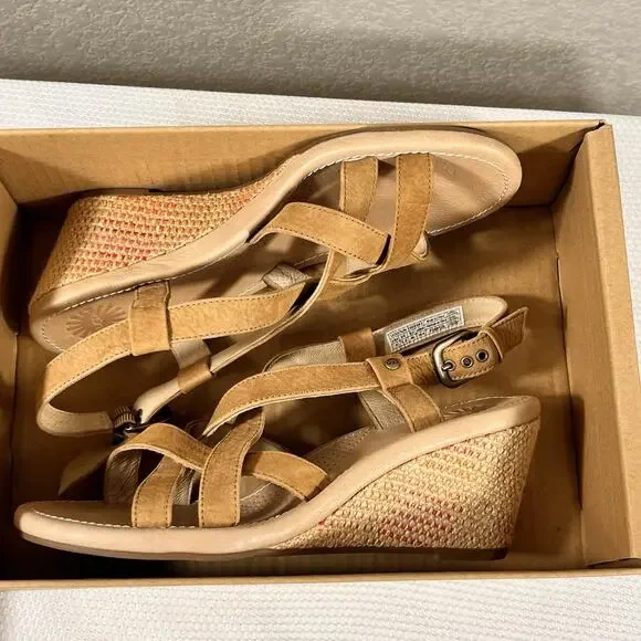 NIB Ugg Wedge High Heel Strappy Sandals Size 9 Brown Leather‎ - Picture 15 of 16